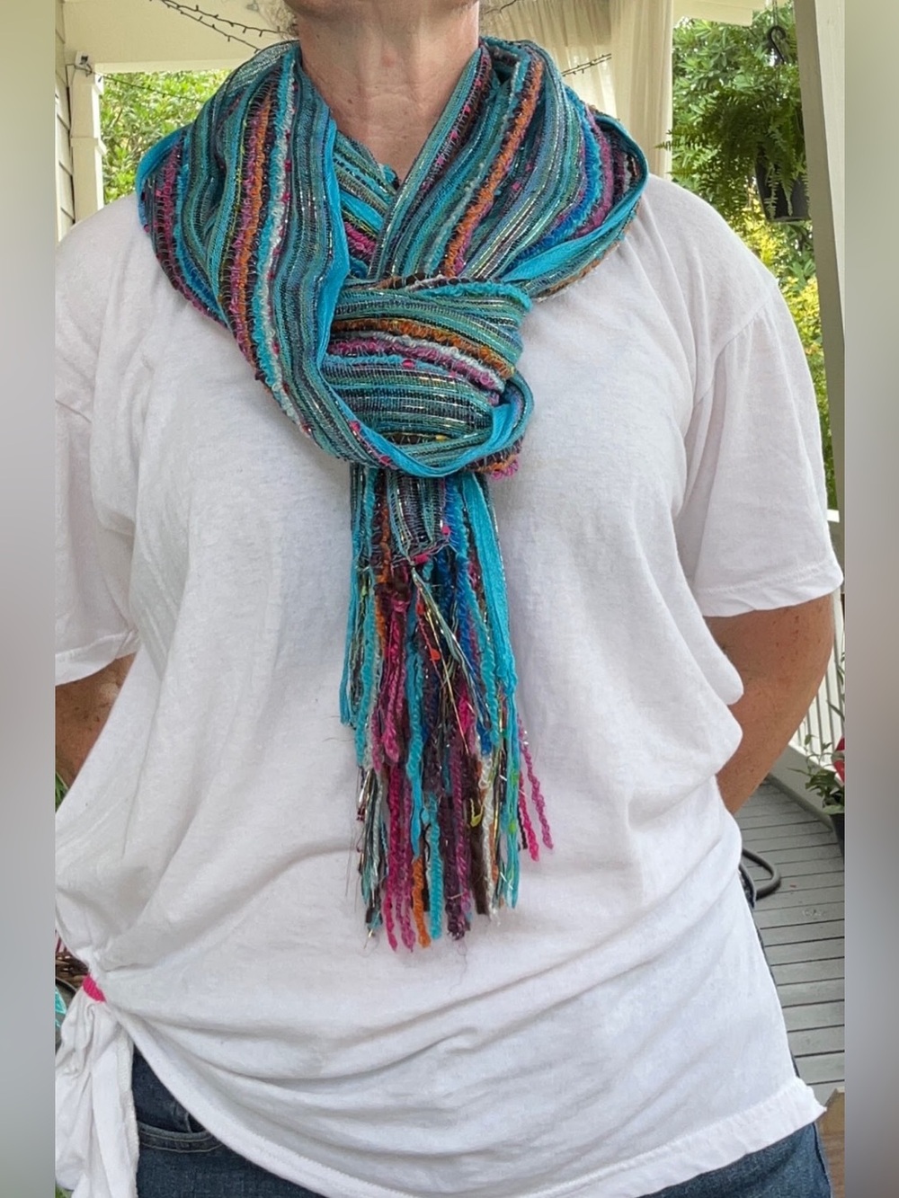Boho Multicolor Woven Fringe Scarf| Turquoise, Teal Purple Wrap